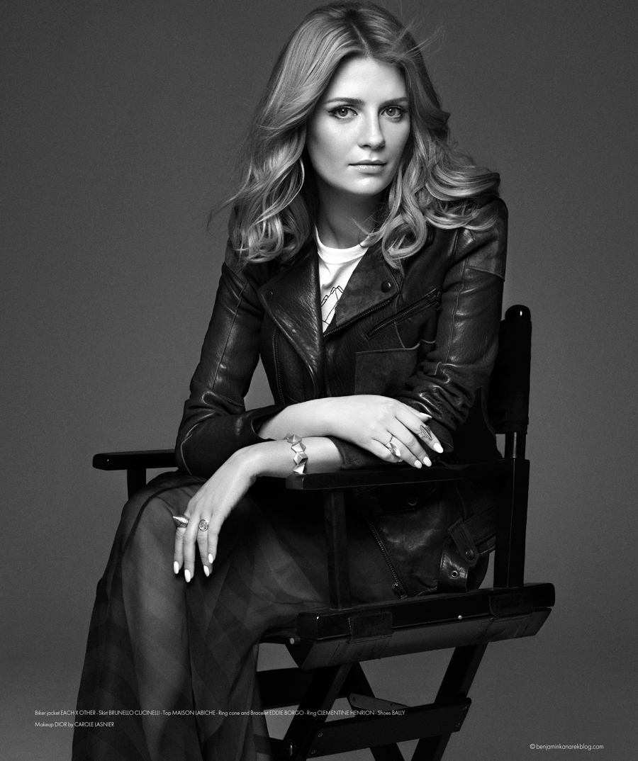 Mischa Barton wearing a biker jacket by EACH X OTHER, skirt by BRUNELLO CUCINELLI, top by MAISON LABICHE, ring cone and bracelet by EDDIE BORGO, ring by CLEMENTINE HENRION, shoes by BALLY © Benjamin Kanarek