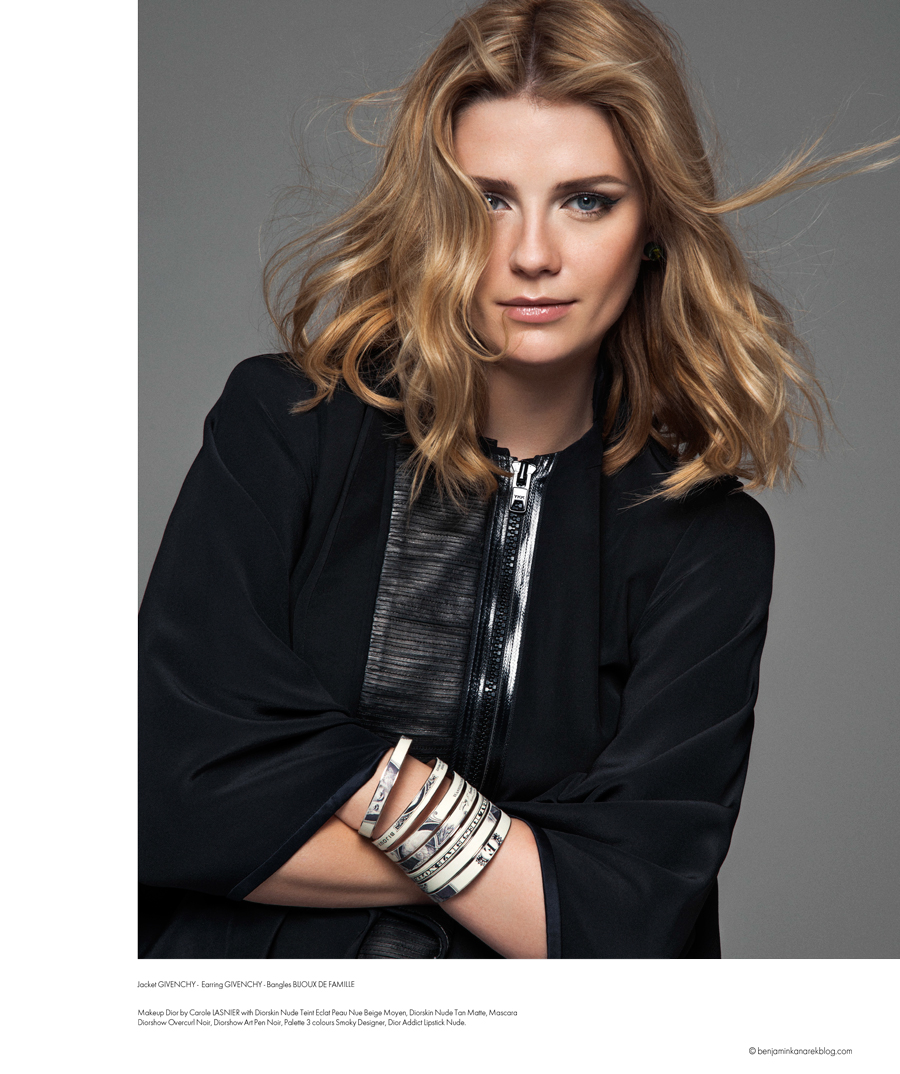 Mischa Barton wearing a jacket by GIVENCHY, earring by GIVENCHY,  bangles by BIJOUX DE FAMILLE © Benjamin Kanarek
